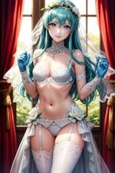 1girls 2024 ai_generated blue_eyes blue_hair blush breasts eirika_(fire_emblem) female female_only fire_emblem fire_emblem:_the_sacred_stones hair_between_eyes human human_female human_only light-skinned_female light_skin long_hair looking_at_viewer nai_diffusion nintendo smile solo solo_female stable_diffusion standing stockings video_game_character video_games wedding wedding_dress wedding_lingerie