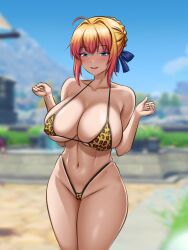 1girls artoria_pendragon big_breasts big_thighs blonde_hair blue_eyes blush breasts busty daylight fate/grand_order fate_(series) female half-closed_eyes huge_breasts huge_thighs large_breasts large_thighs ldukem69 leopard_print leopard_print_bikini light-skinned_female light_skin navel smile thick_thighs thighs voluptuous