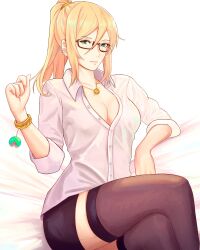 1girls black_skirt black_stockings blonde_hair blouse blue_eyes bracelet cleavage dress_shirt female female_only fully_clothed glasses legs light-skinned_female light_skin metroid miniskirt necklace nintendo nylons office_lady pencil_skirt pierced_ears ponytail samus_aran short_skirt skirt stockings truejekart unbuttoned_shirt white_shirt