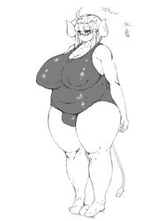 bbw big_breasts chubby cow_girl cow_horns glasses kanon_(148bpm) monochrome swimsuit swimwear tall