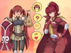 2girls alternate_costume anna_(fire_emblem) blush chikaretsu cordelia_(fire_emblem)_(cosplay) cosplay fire_emblem fire_emblem_awakening long_hair nintendo ponytail prostitution red_hair severa_(fire_emblem) spoken_heart yuri