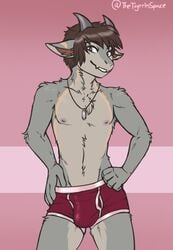 absurd_res anthro bovid brown_eyes brown_hair bulge caprine clothing crystal ezra_(torgore) fur genital_outline goat grey_body grey_fur hair hi_res horn jewelry looking_at_viewer male male_only mammal necklace nipples simple_background smile solo tigerinspace underwear