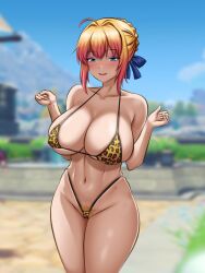 1girls artoria_pendragon big_breasts big_thighs blonde_hair blue_eyes blush breasts busty daylight fate/grand_order fate_(series) female huge_breasts huge_thighs large_breasts large_thighs ldukem69 leopard_print leopard_print_bikini light-skinned_female light_skin navel pubic_hair smile thick_thighs thighs voluptuous