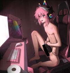 1boy androgynous artist_request astolfo_(fate) black_censor_bar blush cat_ear_headphones censor_bar censored censored_genitalia censored_penis chair completely_naked completely_naked_male completely_nude completely_nude_male computer computer_monitor dark_room fate/apocrypha fate/grand_order fate_(series) femboy gamer_chair headset heavy_breathing indoor_nudity indoors keyboard_(computer) light-skinned_male light_skin male male_only masturbating masturbating_while_watching masturbation masturbator monitor mouse_(computer) naked nipples nude pc pink_hair pink_theme purple_eyes sex_toy short_pink_hair sitting sitting_on_chair skinny skinny_male solo spread_legs toilet_paper trap twitter twitter_link watching_porn