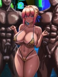 1girls 2boys abs artoria_pendragon big_breasts big_thighs blonde_hair blue_eyes blush breasts busty completely_nude completely_nude_male dark-skinned_female dark-skinned_male dark_skin fate/grand_order fate_(series) female huge_breasts huge_thighs large_breasts large_thighs ldukem69 leopard_print leopard_print_bikini male multiple_penises muscular muscular_male navel night nude nude_male pubic_hair smile tanned tanned_female tanned_girl tanned_skin thick_thighs thighs voluptuous