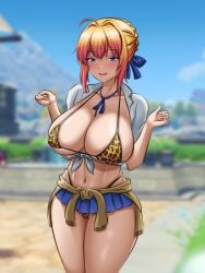 1girls artoria_pendragon big_breasts big_thighs blonde_hair blue_eyes blush breasts busty daylight fate/grand_order fate_(series) female gyaru huge_breasts huge_thighs large_breasts large_thighs ldukem69 leopard_print leopard_print_bikini light-skinned_female light_skin navel smile thick_thighs thighs voluptuous