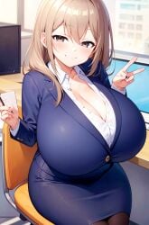 ai_generated beige_hair breasts_bigger_than_head brown_eyes gigantic_breasts huge_breasts katase_shiori long_hair massive_breasts mature_female milf milkersenjoyer my_tiny_senpai office_lady peace_sign seductive_eyes seductive_smile shortstack thick_thighs thighs uchi_no_kaisha_no_chiisai_senpai_no_hanashi