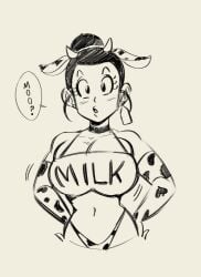 1girls big_breasts bikini black_and_white busty chichi choker cleavage cow_ears cow_girl cow_print curvy dragon_ball dragon_ball_z english_text funsexydragonball hairbun horns milf sketch speech_bubble tag