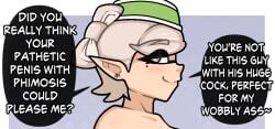 +_+ clothing comic earrings english_language english_text female female_only grey_hair half-closed_eyes hat inkling jewelry looking_at_viewer marie_(splatoon) mole mole_under_eye pointed_ears short_hair small_penis_humiliation smile solo speech_bubble sph splatoon splatoon_(series) splatoon_2 splatoon_3 steca tentacle_hair text thelazyart