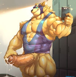 abs anthro balls bara biceps big_balls big_muscles big_penis blue_eyes bodily_fluids cellphone claws clothed clothing clothing_aside cum cum_drip dripping el_rayo_volibear fur genital_fluids genitals hi_res holding_cellphone holding_object holding_penis holding_phone huge_balls huge_cock huge_muscles humanoid_genitalia humanoid_penis league_of_legends locker_room male male_only mammal mask muscular muscular_male nipple_outline partially_clothed pecs penis phone riot_games smile smirk solo sports_mask sportswear teeth uncut ursid vein veiny_penis video_games volibear vorusuarts wrestling_mask wrestling_singlet yellow_balls yellow_body yellow_fur