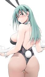 animal_ears aqua_hair ass bare_back bare_shoulders black_leotard blush breasts detached_collar fake_animal_ears fake_tail female hair_between_eyes highres holding holding_tray kantai_collection large_breasts leotard long_hair looking_at_viewer looking_back playboy_bunny rabbit_ears solo strapless strapless_leotard suzuya_(kantai_collection) tail tray wrist_cuffs zekkyon