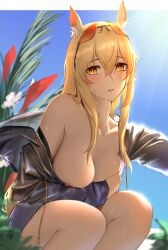 1girls accidental_exposure animal_ears anming arknights bare_shoulders big_breasts blonde_hair blush breasts chest cleavage covering_breasts embarrassed female female_only hair_between_eyes half-closed_eyes kemonomimi light-skinned_female long_hair looking_at_viewer nearl_(arknights) nipple_slip nipples outdoors parted_lips shy solo squatting sunglasses_on_head taking_picture taking_selfie wet_skin yellow_eyes