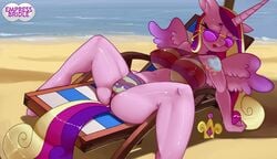 alicorn anthro anthrofied anus barely_visible_anus beach big_breasts bikini breasts camel_toe chair clothing dock empressbridle equid eyewear feathered_wings feathers female friendship_is_magic furniture furry hair horn lying mammal multicolored_hair my_little_pony nipple_outline on_back open_mouth pink_body princess_cadance_(mlp) seaside sleeping solo spread_legs spreading sunglasses swimwear wings