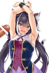 @_@ absurdres animal_ear_fluff animal_ears armpits arms_up bangs bare_shoulders black_hair blush bondage bound bound_arms breasts cat_ears cat_girl cat_tail chained chains cle_masahiro cowboy_shot dress eyebrows_visible_through_hair fantia_reward female green_eyes highres kyaru_(princess_connect) long_hair looking_at_viewer low_twintails multicolored multicolored_clothes multicolored_dress multicolored_hair oerba_yun_fang paid_reward penis princess_connect! simple_background skin_fang sleeveless sleeveless_dress small_breasts streaked_hair tail tearing_up twintails very_long_hair white_background white_hair