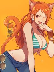 1girls big_breasts bikini_top bracelet brown_eyes busty cat_ears cat_tail catgirl cleavage curvy earrings female female_only jeans keys kurage20001 leaning_forward light-skinned_female light_skin nami one_piece orange_hair post-timeskip small_waist wink