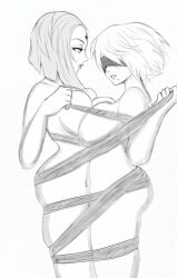 2girls ai_generated artfbota ass bandage breasts covered_eyes crossover dc dc_comics female female_only huge_breasts line_art mole mole_under_mouth monochrome multiple_girls nier:_automata raven_(dc) short_hair yorha_2b yuri