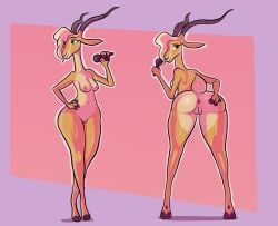 abstract_background antelope anthro ass blackmore bovid breasts disney electronics female front_view gazelle gazelle_(zootopia) genitals hand_on_butt hand_on_hip hi_res horn looking_back mammal microphone nude pussy rear_view solo spread_butt spreading zootopia