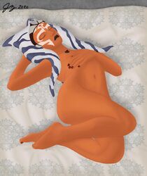 1girls ahsoka_tano bed bed_sheet bent_legs breasts captnjaz closed_eyes enjoyment feet female female_only flowers hand_behind_head hand_on_stomach lying lying_on_bed nipples nude nude_female orange_skin sleeping star_wars star_wars_rebels togruta