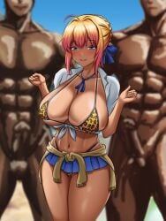 1girls 2boys abs artoria_pendragon big_breasts big_thighs blonde_hair blue_eyes blush breasts busty completely_nude completely_nude_male dark-skinned_female dark-skinned_male dark_skin daylight fate/grand_order fate_(series) female huge_breasts huge_thighs large_breasts large_thighs ldukem69 leopard_print leopard_print_bikini male multiple_penises muscular muscular_male navel nude nude_male smile tanned tanned_female tanned_girl tanned_skin thick_thighs thighs voluptuous