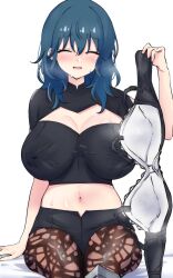 1girls bare_midriff bra breasts byleth_(fire_emblem) byleth_(fire_emblem)_(female) cleavage_cutout closed_eyes covered_nipples female female_only fire_emblem fire_emblem:_three_houses heavy_breathing holding_bra large_breasts latte_daruta2 leggings medium_hair midriff musk nintendo no_bra open_mouth pantyhose shorts solo steaming_body sweat sweaty teal_hair underwear