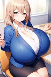 ai_generated beige_hair breasts_bigger_than_head brown_eyes gigantic_breasts huge_breasts katase_shiori long_hair massive_breasts mature_female milf milkersenjoyer my_tiny_senpai office_lady seductive_eyes seductive_smile shortstack thick_thighs thighs uchi_no_kaisha_no_chiisai_senpai_no_hanashi