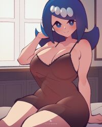 1girls bare_arms bare_legs bare_shoulders bare_thighs bed big_breasts blue_eyes blue_hair blush clothed clothing color female female_focus female_only flipherrrr fliphrrr game_freak hi_res lana's_mother_(pokemon) large_breasts light-skinned_female light_skin lingerie long_hair looking_at_viewer milf nintendo on_bed pokemon pokemon_sm pokemon_trainer sitting solo solo_female thick_thighs