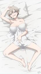 1girls after_sex armpits bare_shoulders barefoot big_breasts blanket blue_eyes blush breasts cleavage collarbone covering cum cum_leaking cum_stain fangs feet female female_only grey_hair half-closed_eyes hand_on_head hand_on_stomach highres keihh legs light-skinned_female looking_at_viewer on_bed open_mouth open_smile pillow pleasure_face short_hair smile solo spread_legs sweat sweatdrop sweating under_blanket uzaki-chan_wa_asobitai! uzaki_hana