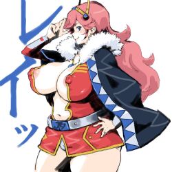 1:1 1girls 2018 areola_slip areolae arm_up belt blue_eyes breasts cape character_name cleavage clothing dress female female_only fur-trimmed_cape fur_trim ginga_reppuu_baxingar hand_on_hip highres huge_breasts j9_series japanese_text jewelry layla_mineri long_hair looking_at_viewer looking_to_the_side navel necklace nipple_bulge panties petitdry pose red_dress red_hair revealing_clothes short_dress simple_background smile solo standing text thick_thighs thighs tiara translated wavy_hair white_background white_panties wide_hips