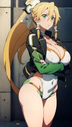 ai_generated arms_crossed blonde_hair hair_ornament jacket large_breasts leafa leotard ponytail solo