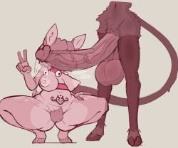 anthro areola balls bell bell_collar belly belt belt_on_belly big_balls big_penis biped black_body black_fur bodily_fluids bovid breasts brown_body brown_fur caprine caprine_demon collar crouching deer deer_ears defunctumbra demon dripping duo erection female fur genital_fluids genitals gesture goat_demon hair hand_gesture hooves huge_cock janett_(the_man) leaking_precum male mammal markings medial_ring medium_breasts navel nipples penis pointy_breasts precum precum_drip pubes pubes_exposed pubic_tattoo red_belt red_collar scut_tail short_hair short_tail spots spotted_body spotted_fur steamy_penis tail tattoo umbra_(defunctumbra) v_sign vaginal_fluid_drip vaginal_fluids vein veiny_penis