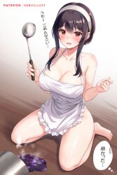 apron bare_arms bare_legs bare_shoulders barefoot black_hair breasts cleavage collarbone commentary_request female hairband holding holding_ladle ladle large_breasts long_hair naked_apron red_eyes sebu_illust seiza sidelocks sitting solo spy_x_family thighs white_apron white_hairband yor_briar