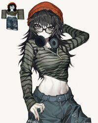 1girls arm_up artist_name beanie black_hair black_nails breasts brown_hat colored_skin denim female glasses hat headphones highres jeans looking_at_viewer mary_felizola medium_breasts midriff navel not_porn original pale_skin pants reference_inset roblox roblox_avatar robloxian safe_for_work shirt solo striped_clothes striped_shirt upscaled white_background white_skin