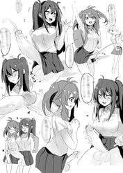 2girls big_balls big_breasts big_penis blush censored_text dark_hair docking futa_urethral_insertion futanari huge_cock open_mouth original original_character penis_size_difference precum red_potato_rinrin school_uniform skirt skirt_lift twintails urethral_insertion urethral_penetration yuuki_nanase_(red_potato_rinrin)