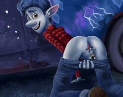 2boys anus ass ass_grab ass_up asshole barley_lightfoot blue_hair blue_skin brothers clothed digital_media_(artwork) disney elf gay ian_lightfoot incest jeans male male_only micro no_text_version onward_(2020) pants_down pixar yaoi