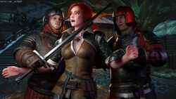 1girls 2boys 3d captured cd_projekt_red clothed guards red_hair sorceress sword the_witcher the_witcher_(series) the_witcher_2 the_witcher_3:_wild_hunt triss_merigold weapon witch_hunter zer0g0d