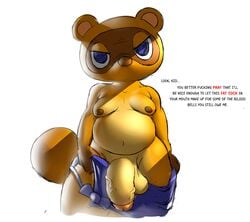 1boy angry animal_crossing anthro apron balls big_penis blue_apron blue_eyes brown_fur brown_nipples chubby chubby_male dialogue english_text flaccid furry furry_only half-closed_eyes highres huge_penis ikiki imminent_oral imminent_rape large_penis looking_at_viewer male male_only naked navel nintendo nipples nude overweight overweight_male penis presenting presenting_penis solo standing talking_to_viewer tanuki testicles text tom_nook undressing veiny_penis video_game video_games white_background