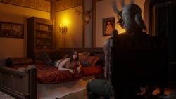 1boy 1girls 3d beauty_mark being_watched black_hair breasts cd_projekt_red female female_focus geralt_of_rivia high_heels highres laying_on_bed laying_on_stomach leather leather_pants mask masked niodreth partially_clothed posing roleplay sitting_on_chair the_witcher the_witcher_(series) the_witcher_2 the_witcher_3:_wild_hunt violet_eyes watching yennefer