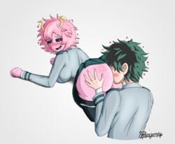 1boy 1girls ass ass_focus ass_grab ass_worship big_ass big_breasts big_butt bimbo blush bubble_ass bubble_butt busty butt_focus butt_worship dat_ass eating_ass facesitting green_hair hand_on_ass hearts horns huge_ass huge_breasts izuku_midoriya large_ass looking_back looking_pleasured mina_ashido moaning my_hero_academia pink_hair pink_skin school_uniform simple_background teenager the_existentialist thick_ass u.a._school_uniform