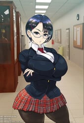 arms_crossed arms_under_breasts blue_eyes dark_hair glasses hairclip huge_breasts lips looking_at_viewer mole_under_mouth original original_character pale-skinned_female pale_skin pantyhose rebis school school_uniform schoolgirl sera_(rebis) short_hair short_skirt skirt thick_thighs