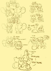 2020 after_sex anal animal_crossing anthro apron bed belly blush bottomwear canid canine canis comic crazy_redd domestic_dog english_text fox furniture furry genitals group highres isabelle_(animal_crossing) male mammal navel nintendo overweight overweight_male penis rabidraccoon raccoon_dog sex shirt shorts sitting tanuki testicles text tom_nook topwear yaoi