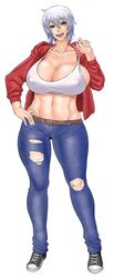 blue_jeans cleavage converse hand_on_hip large_breasts red_jacket shoes sneakers sports_bra toguchi_masaya vella_(debaucheryninja) white_hair