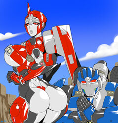 1boy 1girls ass_focus ass_worship big_ass big_breasts blue bumblebee_movie comic dropkick_(transformers) female female_focus looking_at_viewer looking_back mad-project meme no_bra no_humans no_panties red red_eyes robot robot_girl shatter_(transformers) side_view sideboob text transformers