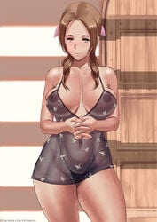 1girls aerith_gainsborough artist_cg breasts brown_hair cg_art cutesexyrobutts_(style) digital_media_(artwork) female female_only final_fantasy final_fantasy_vii flower large_breasts lingerie negligee panties see-through small_panties solo square_enix thick_thighs thighs tied_hair zefra_bleu