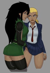 2girls artemis_(dc) artemis_crock cheshire dc dcau hand_up_skirt incest jade_nguyen multiple_girls necktie no_panties pleated_skirt siblings sisters sunsetriders7 young_justice yuri