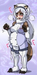 1:2 1futa 2019 anthro breasts breath brown_body brown_fur bulge canid canine clothing fur furry futa_only futanari hair hi_res intersex kodaibun mammal nipple_outline raccoon_dog simple_background solo standing tanuki torn_clothing transformation