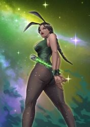 ass black_hair breasts bunny_ears bunnysuit clothing dark-skinned_female earrings female female_only green_clothing jade_(mortal_kombat) large_ass lipstick mortal_kombat ponytail red_lipstick smile smiling solo solo_female staff thotlerrr treartz