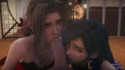 1boy 2girls 3d aerith_gainsborough amiris4 black_hair blowjob brown_hair erection fellatio female ffm_threesome final_fantasy final_fantasy_vii green_eyes long_hair looking_at_viewer male oral penis pov red_eyes straight tifa_lockhart