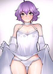 1340smile 1girls alternate_costume bare_shoulders bare_thighs bernadetta_von_varley choker cleavage clothes_lift elbow_gloves female female_only fire_emblem fire_emblem:_three_houses gloves grey_eyes lifted_by_self light-skinned_female light_skin looking_at_viewer nintendo panties partially_visible_vulva presenting purple_hair short_hair skirt_lift small_breasts smile solo thighs upskirt white_panties