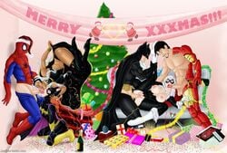 2boys 3boys 3girls alcohol ass barbara_gordon batgirl batman_(series) black_cat_(marvel) black_hair bodysuit boots bottle breasts candle_(artist) champagne christmas christmas_tree collaborative_fellatio cowl crossover dark-skinned_female dark_skin dat_ass dc dc_comics domino_mask double_fellatio drunk felicia_hardy fellatio female ffm_threesome flying goatee headgear interracial iron_man iron_man_(series) justicehentai.com large_breasts licking_penis male marvel marvel_comics mask mmf_threesome multiple_boys multiple_girls on_knees oral orange_hair orgy ororo_munroe penis peter_parker pussy santa_hat sex smile spider-man spider-man_(series) spread_legs storm_(x-men) straight_hair suit swingers teamwork threesome tony_stark vagina vaginal_penetration vaginal_sex white_hair x-men