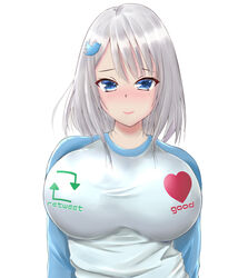 1girls 2019 arrow blue_eyes blush breasts clothed clothes_writing clothing cute english_text female female_only hair_ornament heart highres huge_breasts like_icon looking_at_viewer meme retweet_icon silver_hair simple_background smile solo text twitter twitter_logo upper_body white_background zubi_(skylinezb)